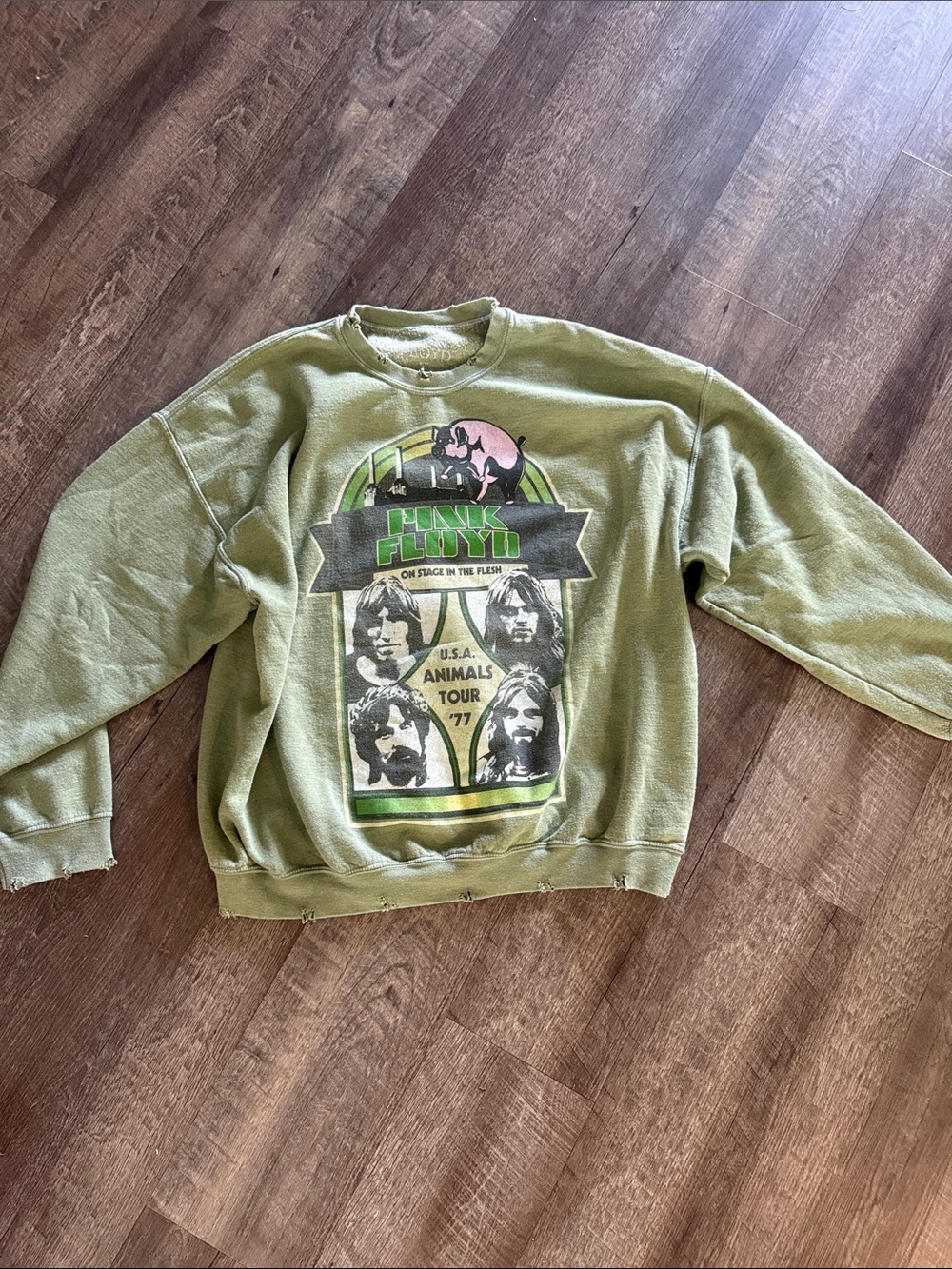 Urban Outfitters Olive Green Pink Accent Graphic Crewneck Sweatshirt